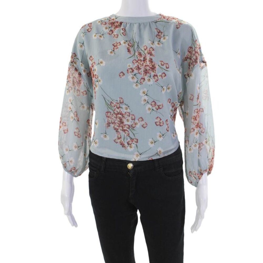 FiveSeventyFive Womens Floral Crew Neck Open Back Blouse Top Blue Size XS